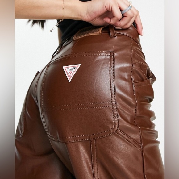 New Guess Brown Carpenter Straight-Leg Leather Pants - Picture 5 of 15